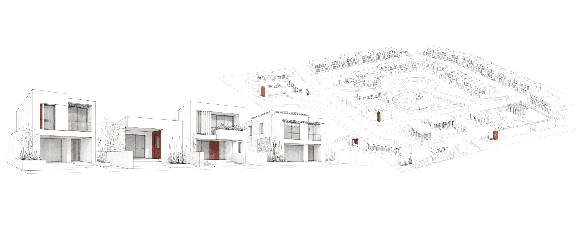 Ilustración arquitectónica de viviendas y un desarrollo residencial de gran escala