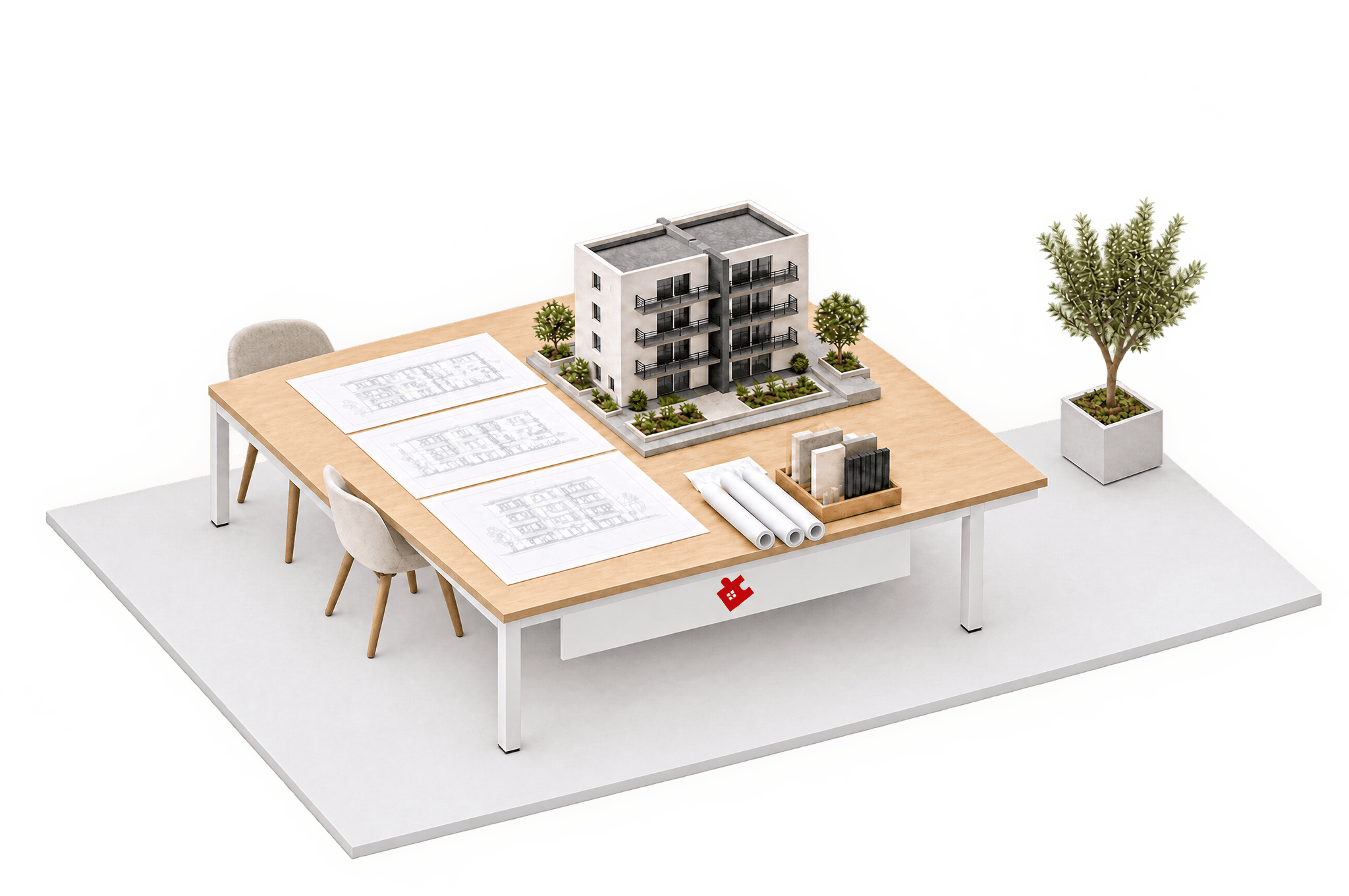 Mesa de arquitectura con planos, muestras de materiales y una maqueta de departamentos