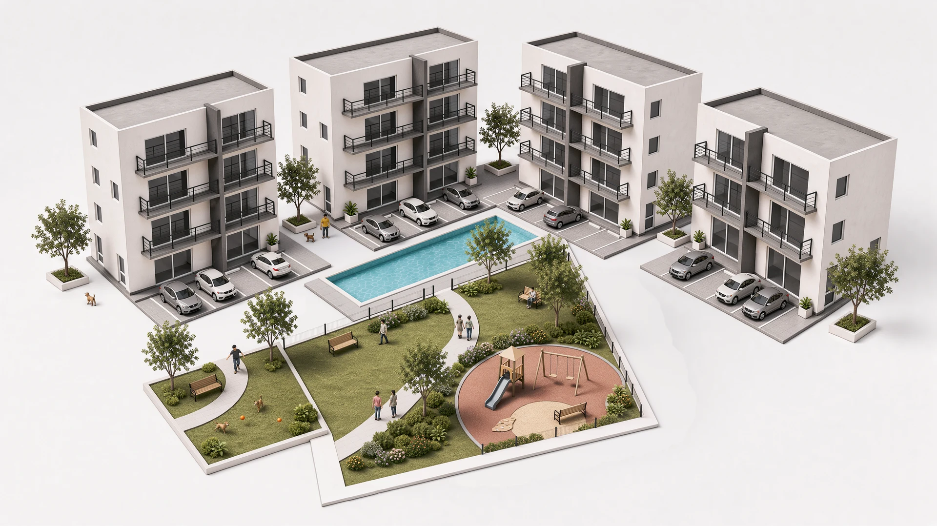 Maqueta conceptual de un residencial: cuatro edificios exteriores, alberca central, parque, juegos y estacionamientos sobre fondo blanco